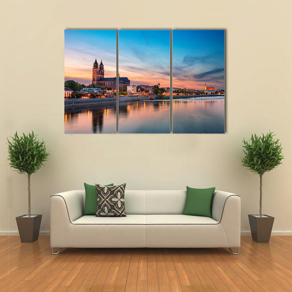 Magdeburg City And Elbe River At Sunset In Germany Canvas Wall Art