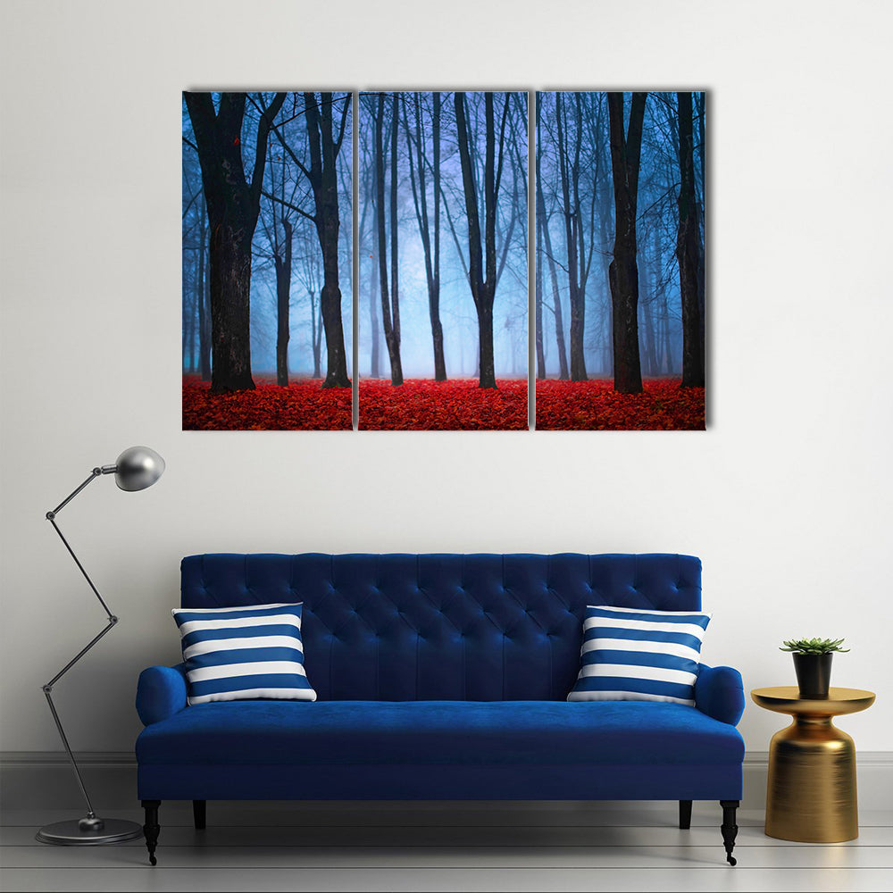 Foggy Autumn Forest with Red Leaves Canvas Wall Art