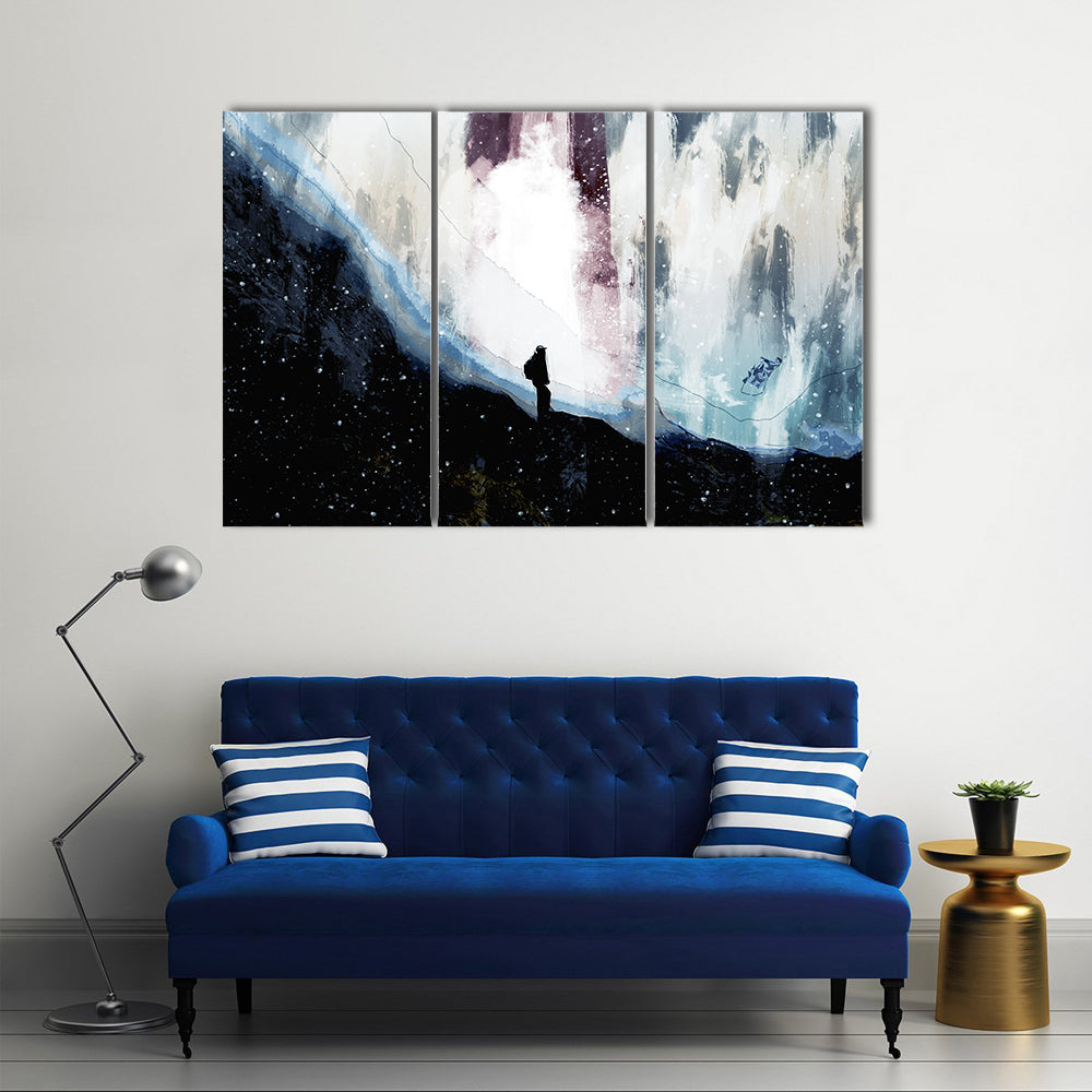 Lone Hiker Beneath Starlit Rift Canvas Wall Art