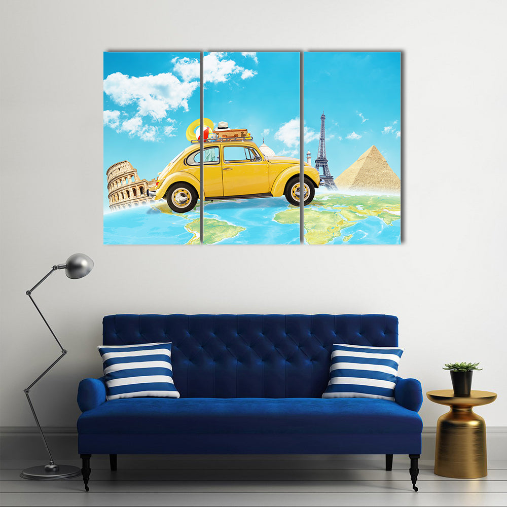 Yellow Vintage Car Over World Map Canvas Wall Art