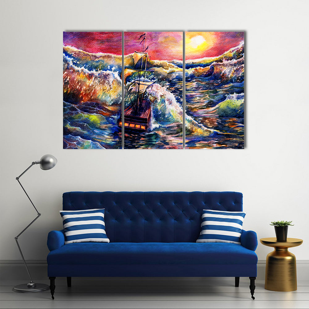 Sunset Sailing Ship in Stormy Sea Canvas Wall Art