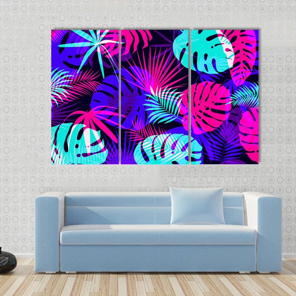 Neon Tropical Leaves Pattern Canvas Wall Art