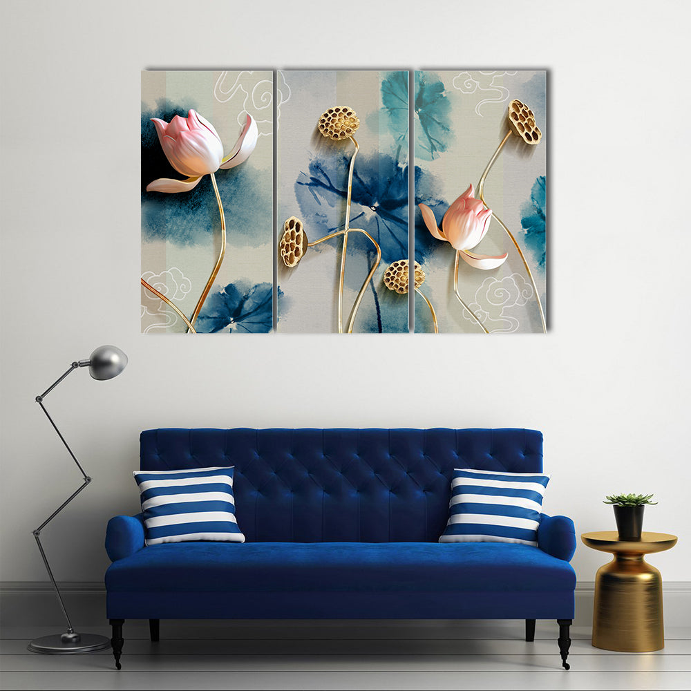 Lotus Garden Illustration with Gold Accents Canvas Wall Art