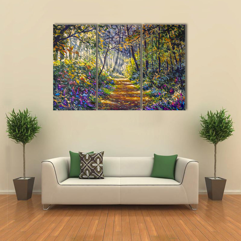 Sunlit Forest Path with Wildflowers Canvas Wall Art