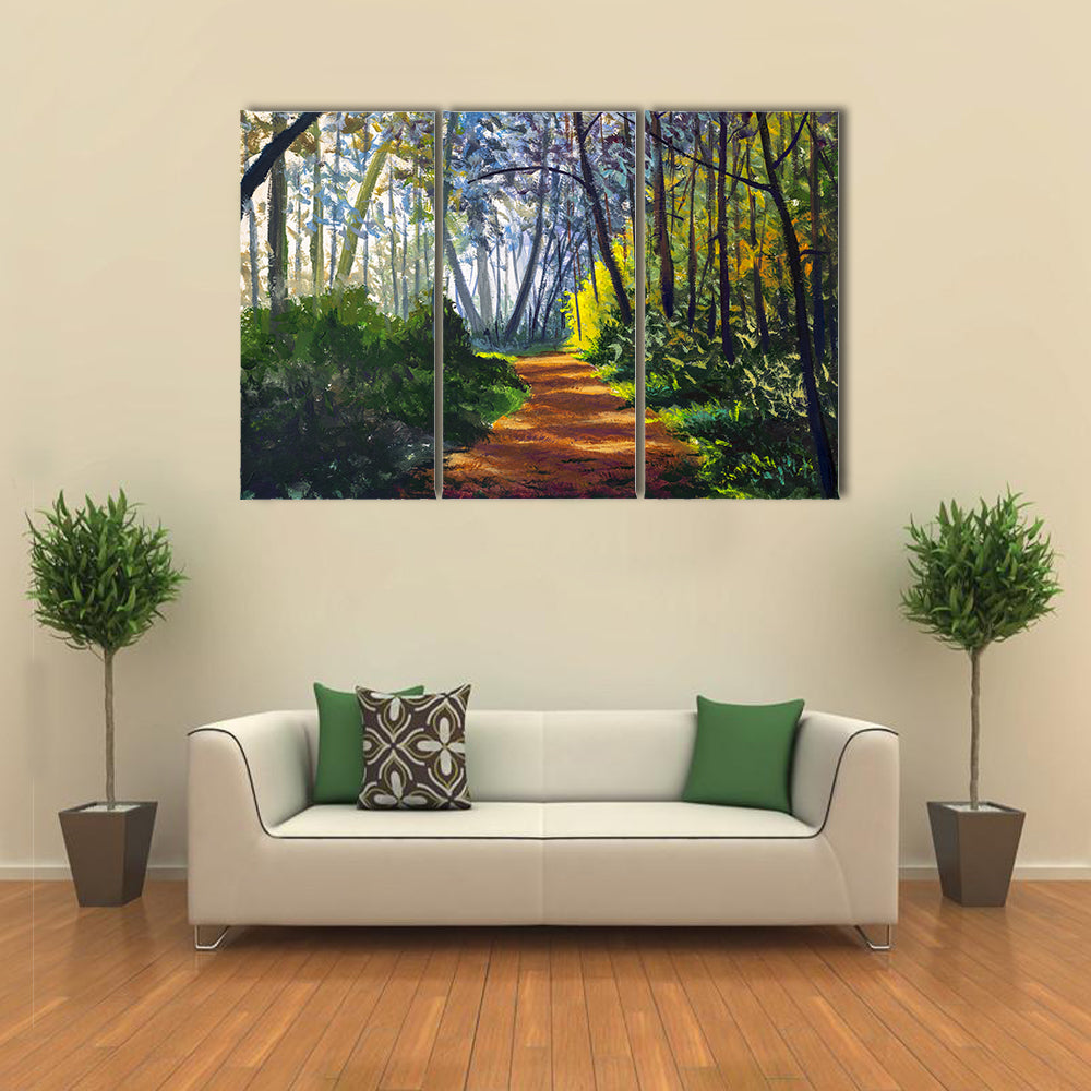 Sunlit Forest Path in Park Canvas Wall Art