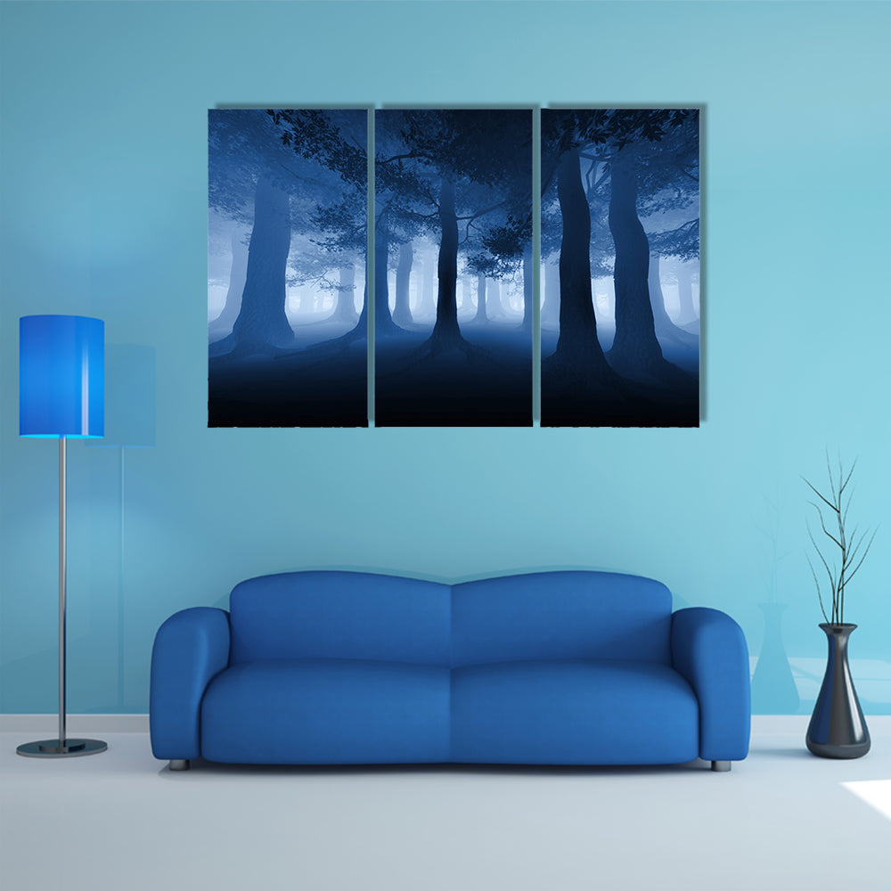 Dark Blue Forest With A Ray Of Light Canvas Wall Art