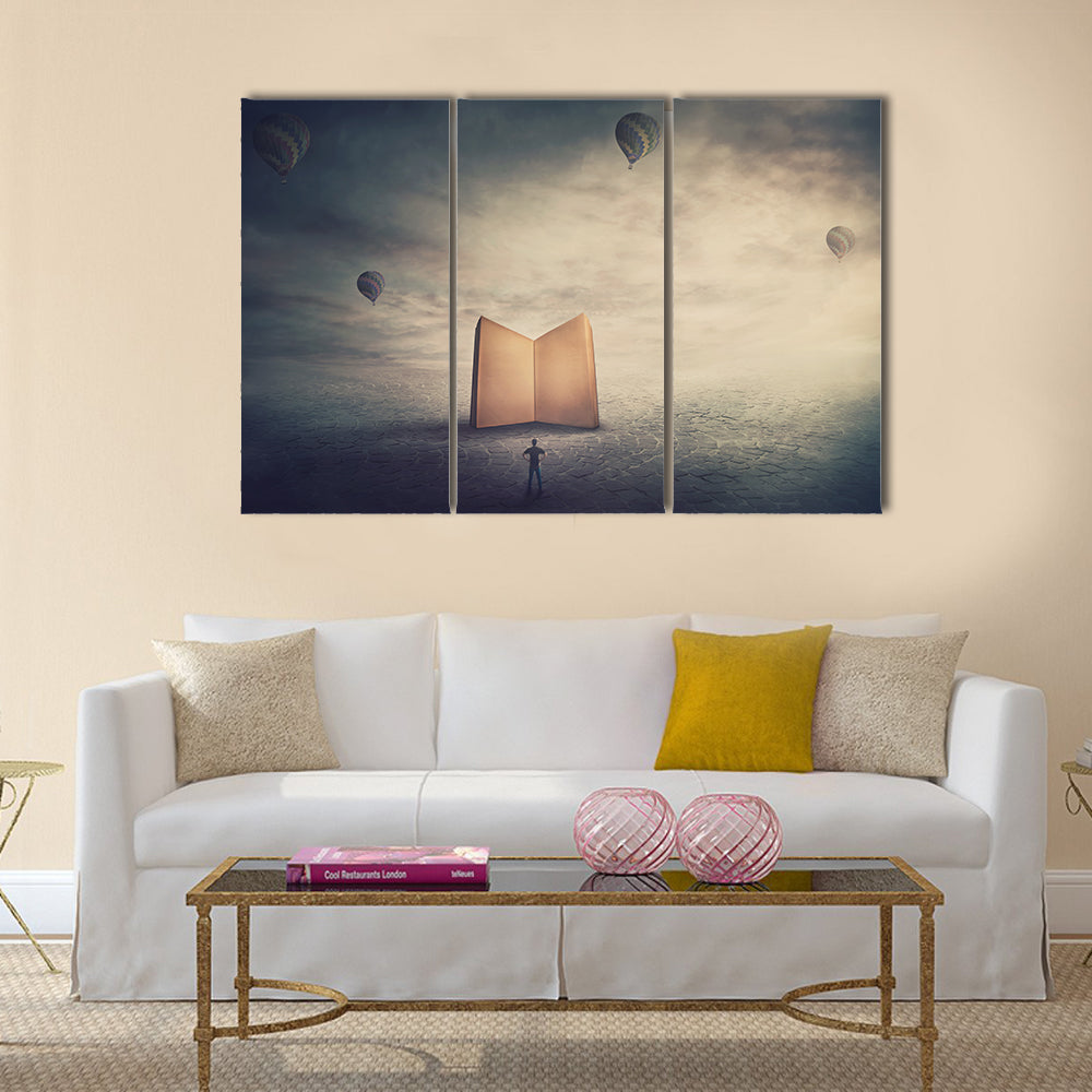 Monolithic Glowing Book Over Parched Desert Canvas Wall Art
