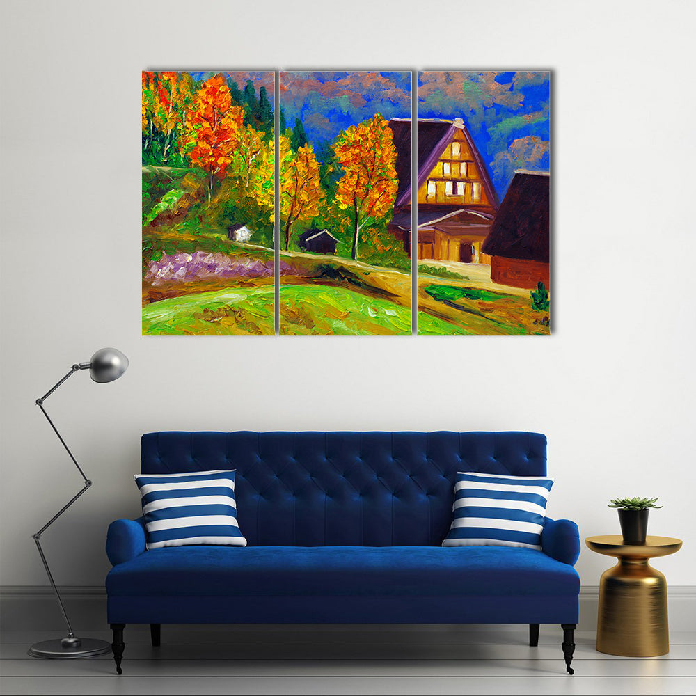 Autumn Gassho-zukuri Village with Glowing Windows Canvas Wall Art