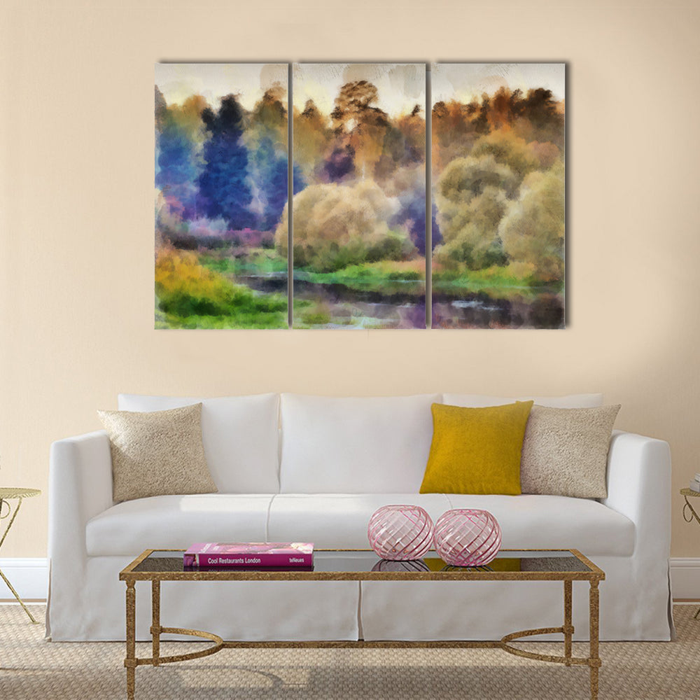 Autumn Watercolor Forest with River Canvas Wall Art