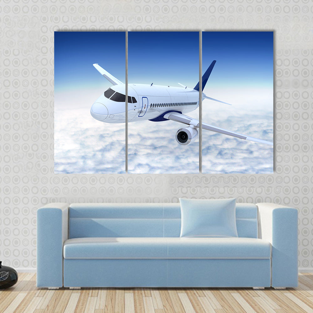 White Jet Banking Above Cumulus Clouds Canvas Wall Art