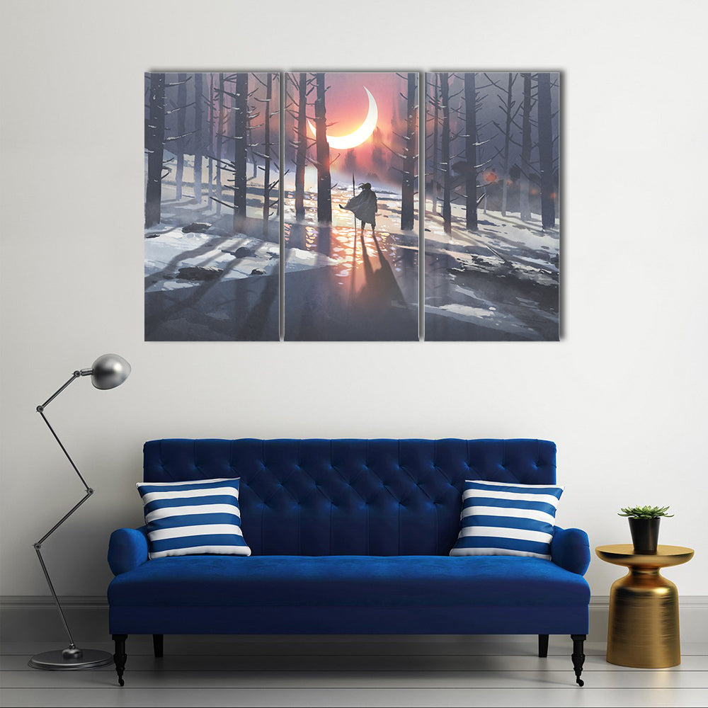 Cloaked Figure in Winter Forest Canvas Wall Art