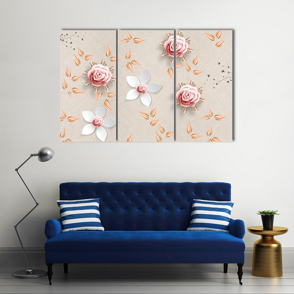 3d Stylized Pink Roses and White Flowers Canvas Wall Art