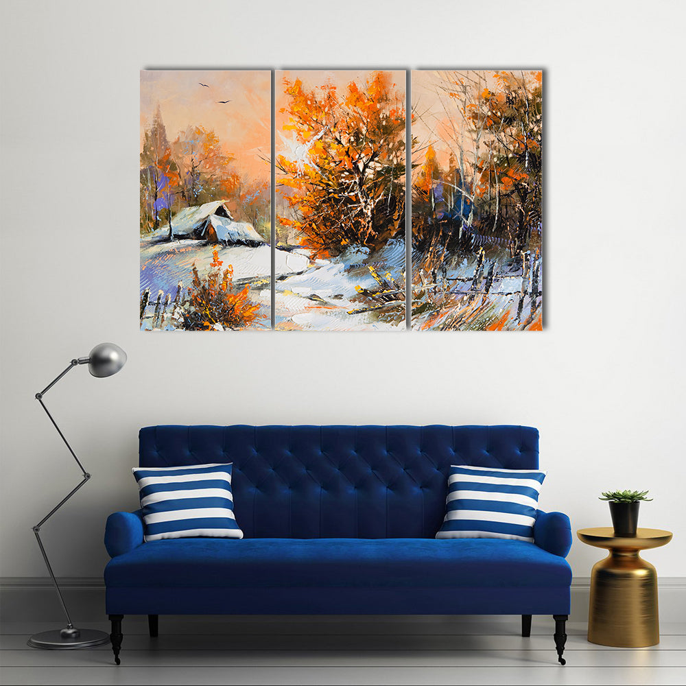 Snow-covered Cabin with Orange Foliage Canvas Wall Art