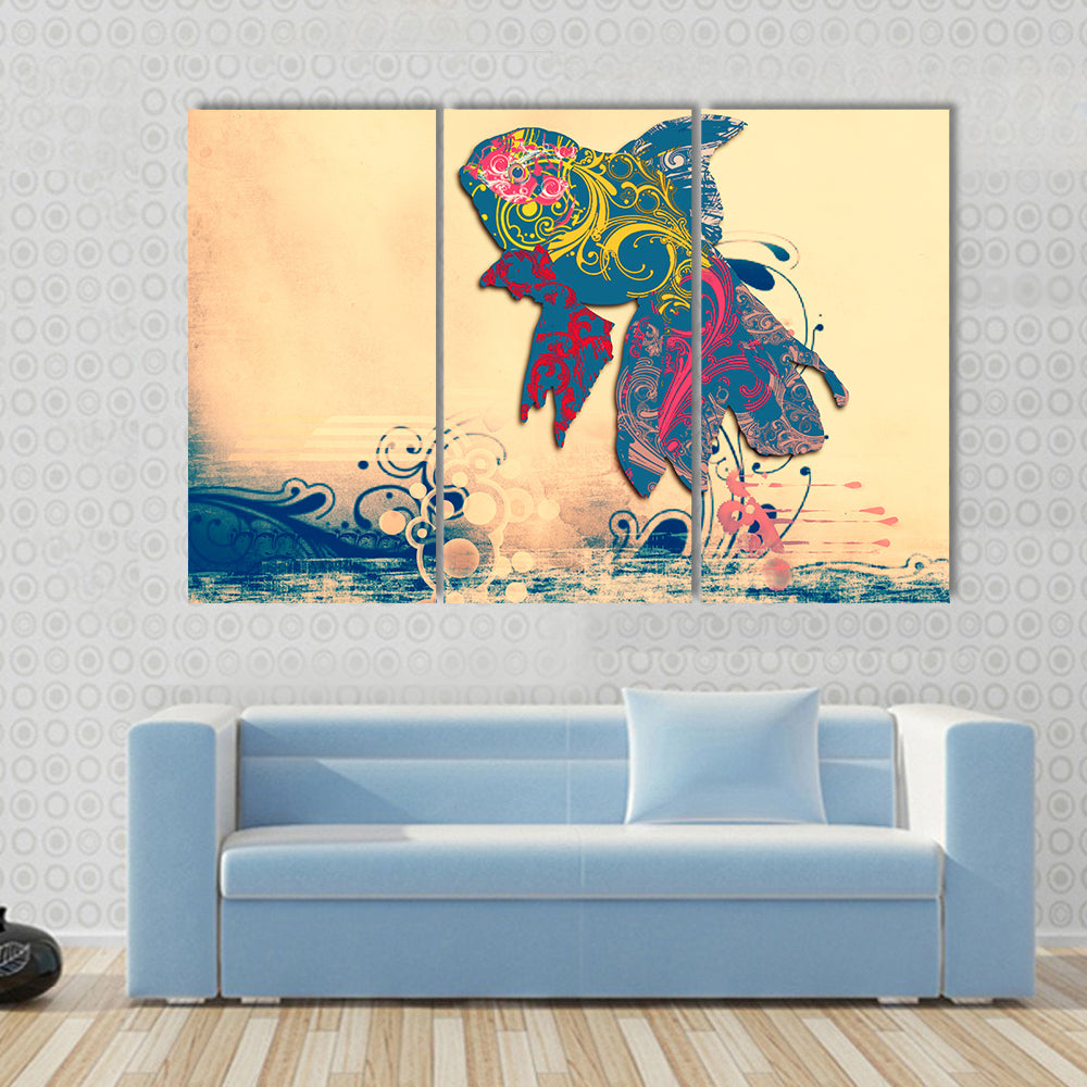 Grunge Goldfish with Ornate Floral Patterns Canvas Wall Art