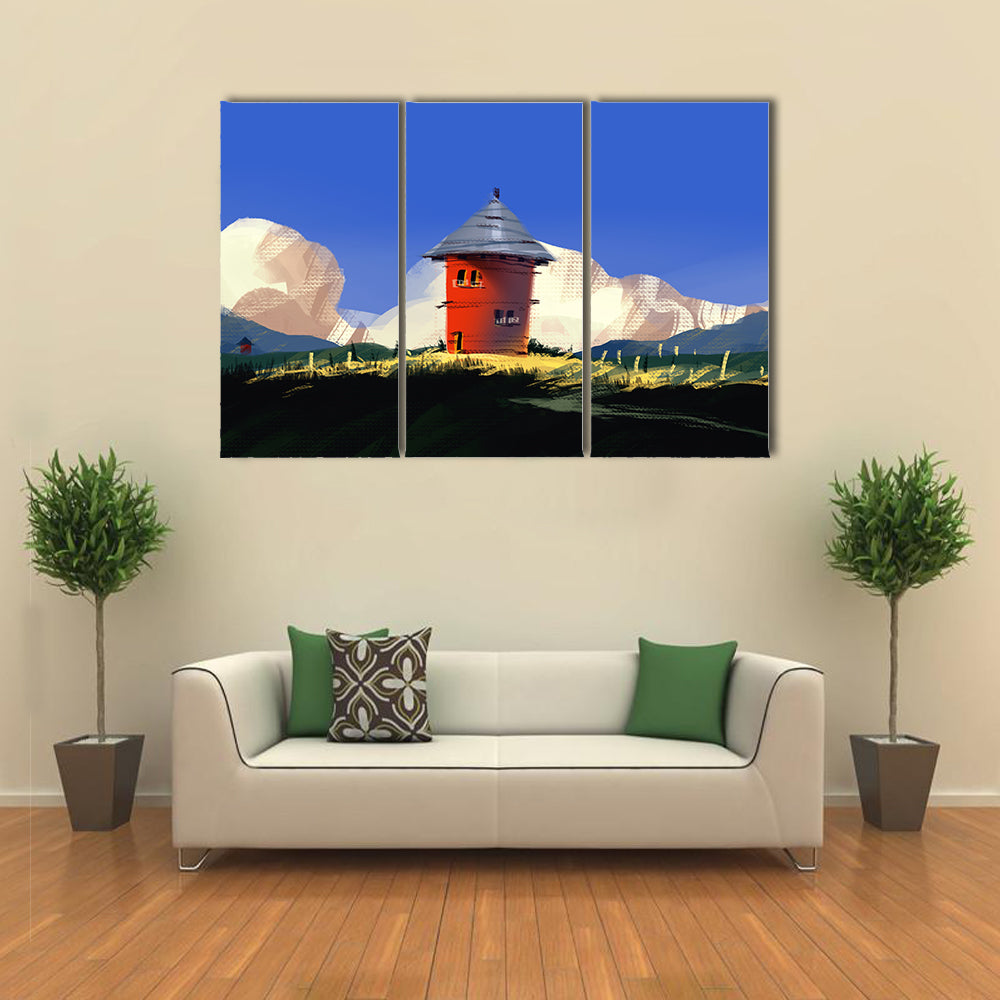 Red Tower on Grassy Hill Canvas Wall Art