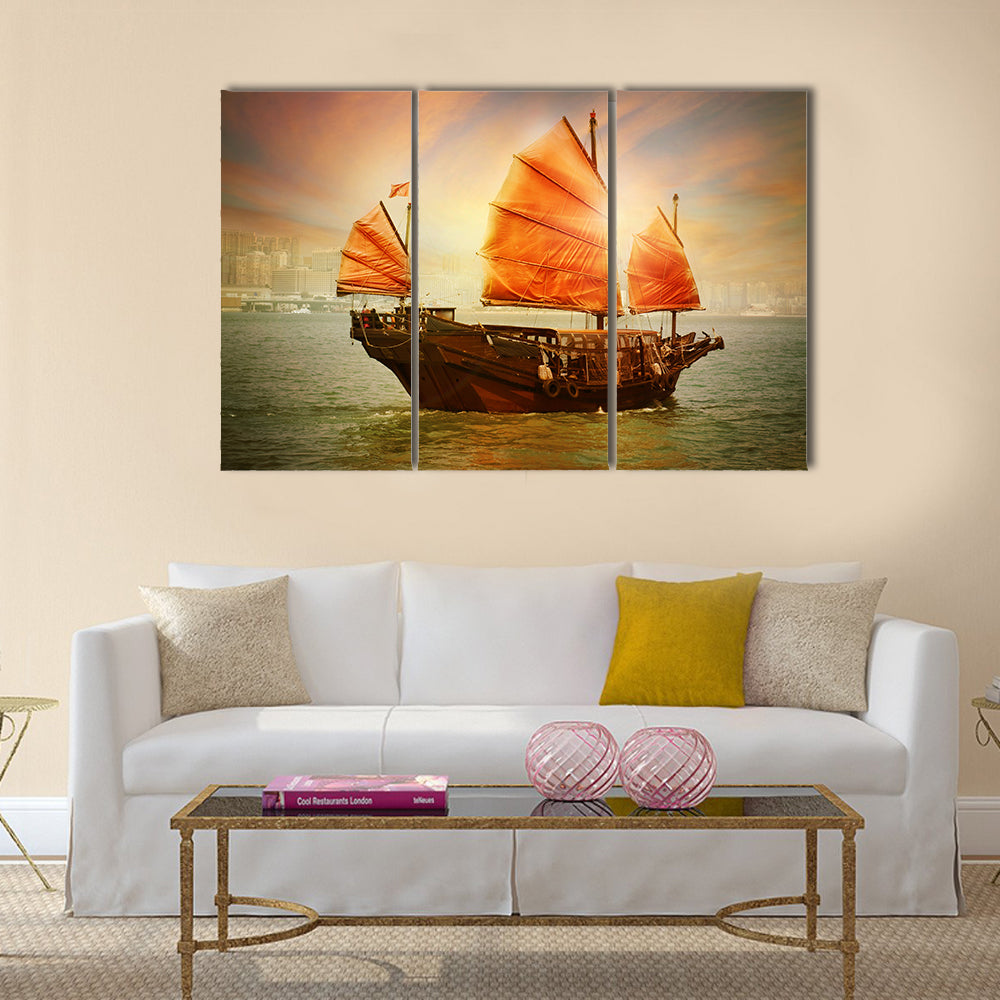 Chinese Junk Boat at Sunset Canvas Wall Art