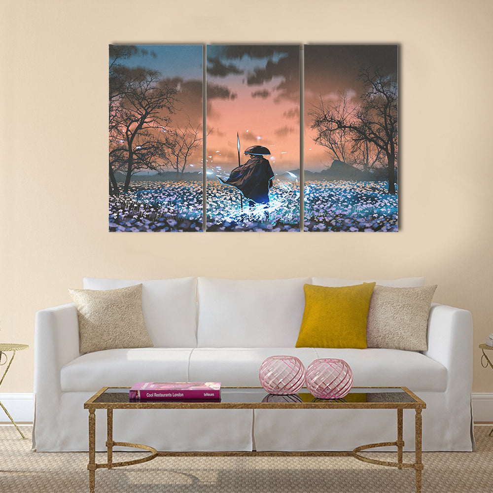 Ancient Samurai in Flowered Meadow Canvas Wall Art