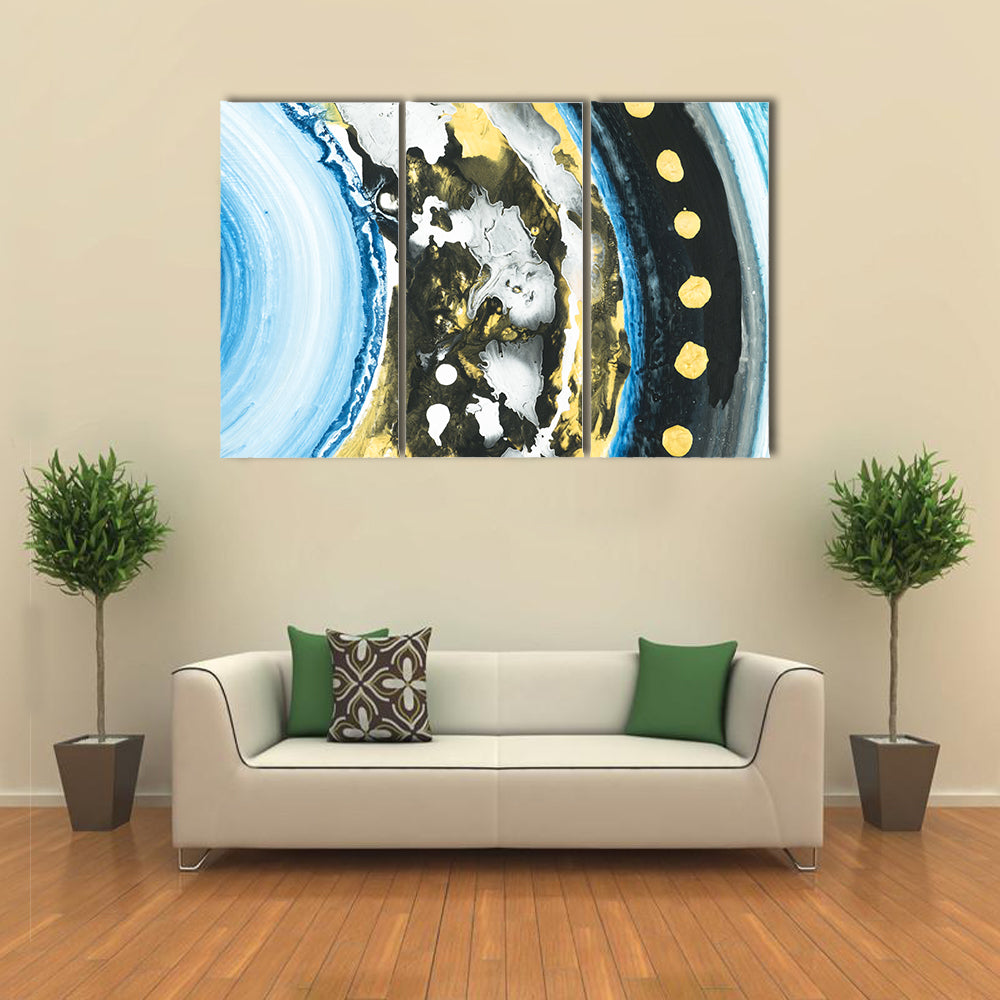 Blue and Black Abstract with Gold Dots Canvas Wall Art