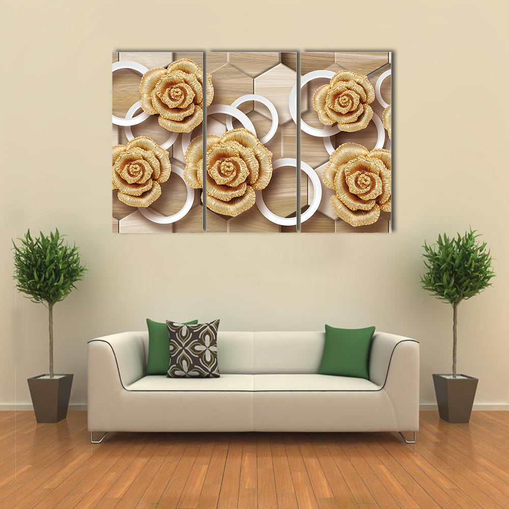 Golden Roses with Floating Rings and Hexagons Canvas Wall Art