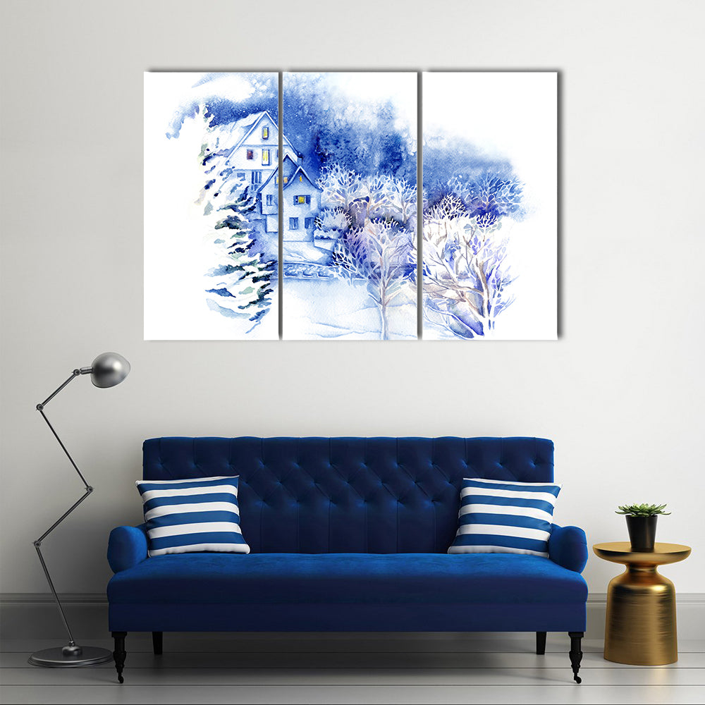 Snow-covered Houses Watercolor Landscape Canvas Wall Art