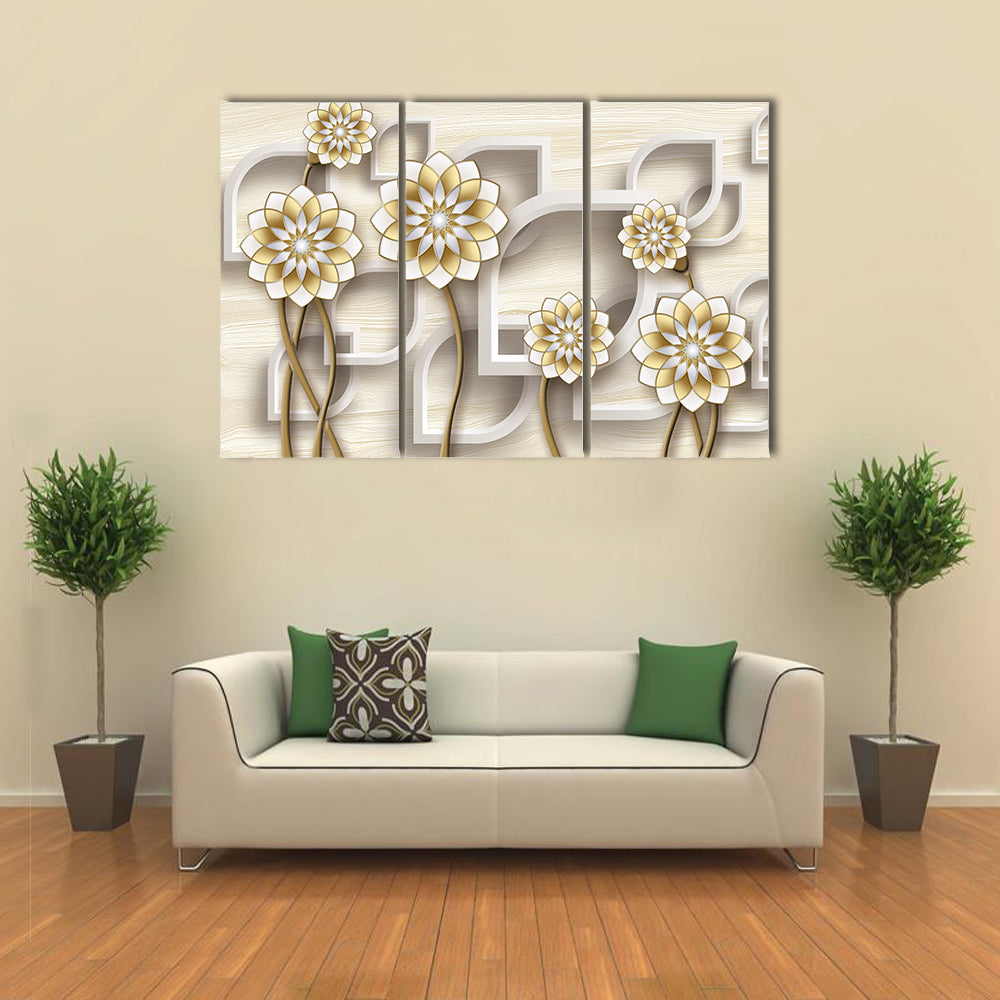 3d Gold and White Floral Illustration Canvas Wall Art