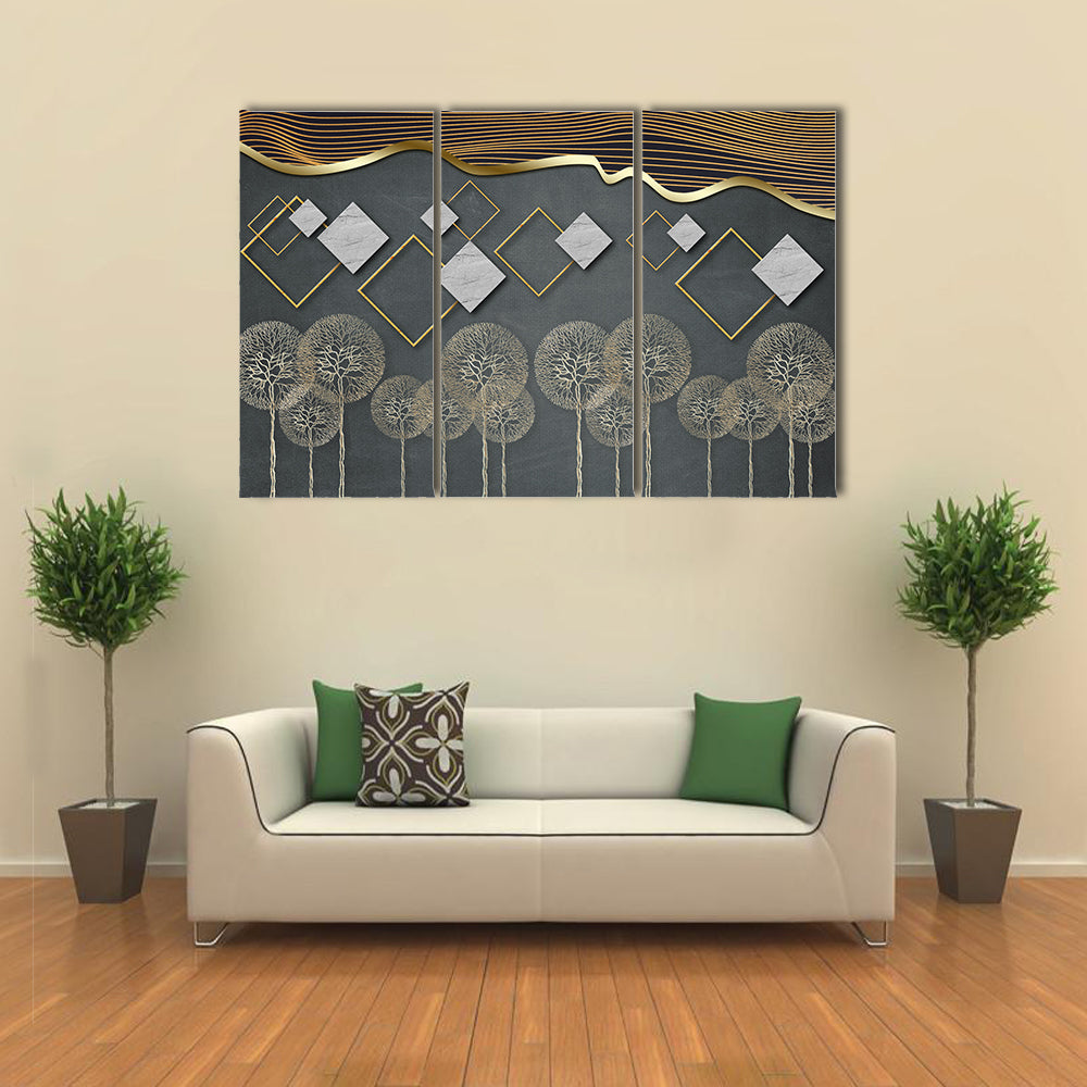 Geometric Trees with Gold Wave and Marble Diamonds Canvas Wall Art