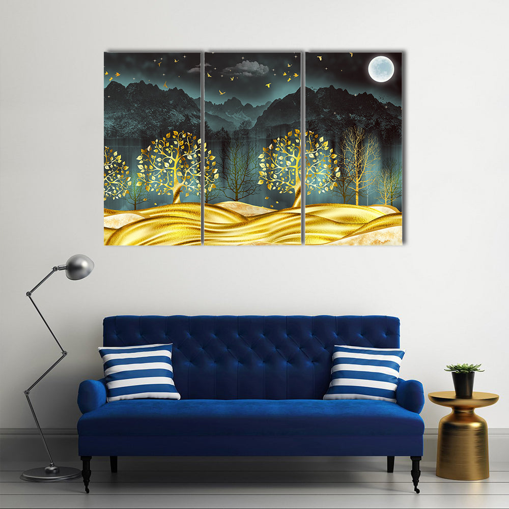 Moonlit Golden Trees Abstract Landscape Canvas Wall Art