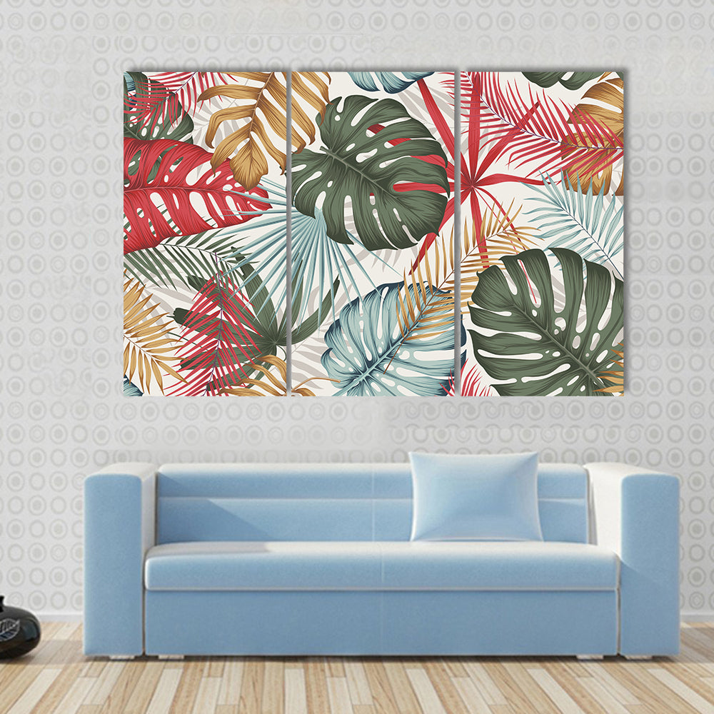 Seamless Colorful Monstera and Palm Leaves Canvas Wall Art