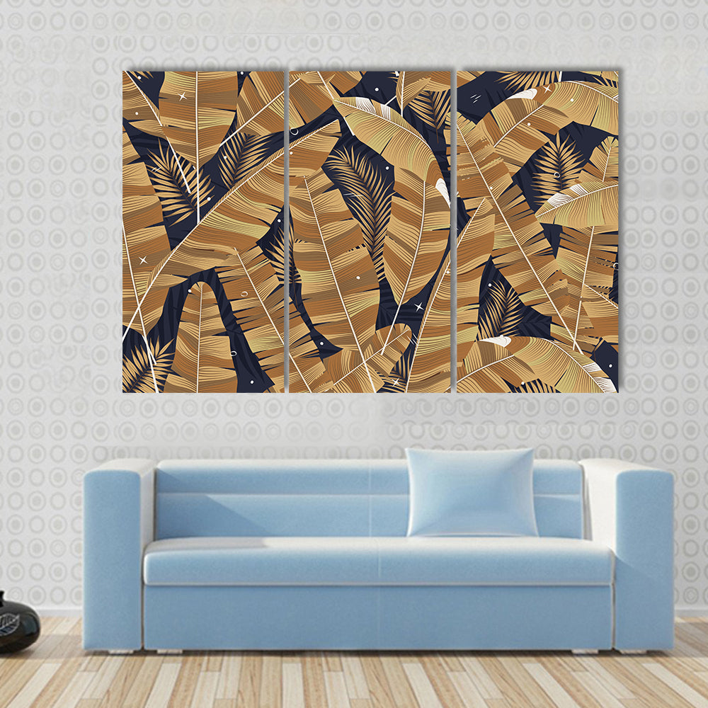 Banana Leaves Pattern in Navy and Gold Canvas Wall Art