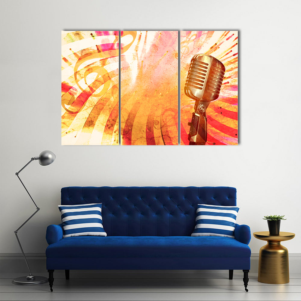 Retro Microphone with Musical Notes Canvas Wall Art