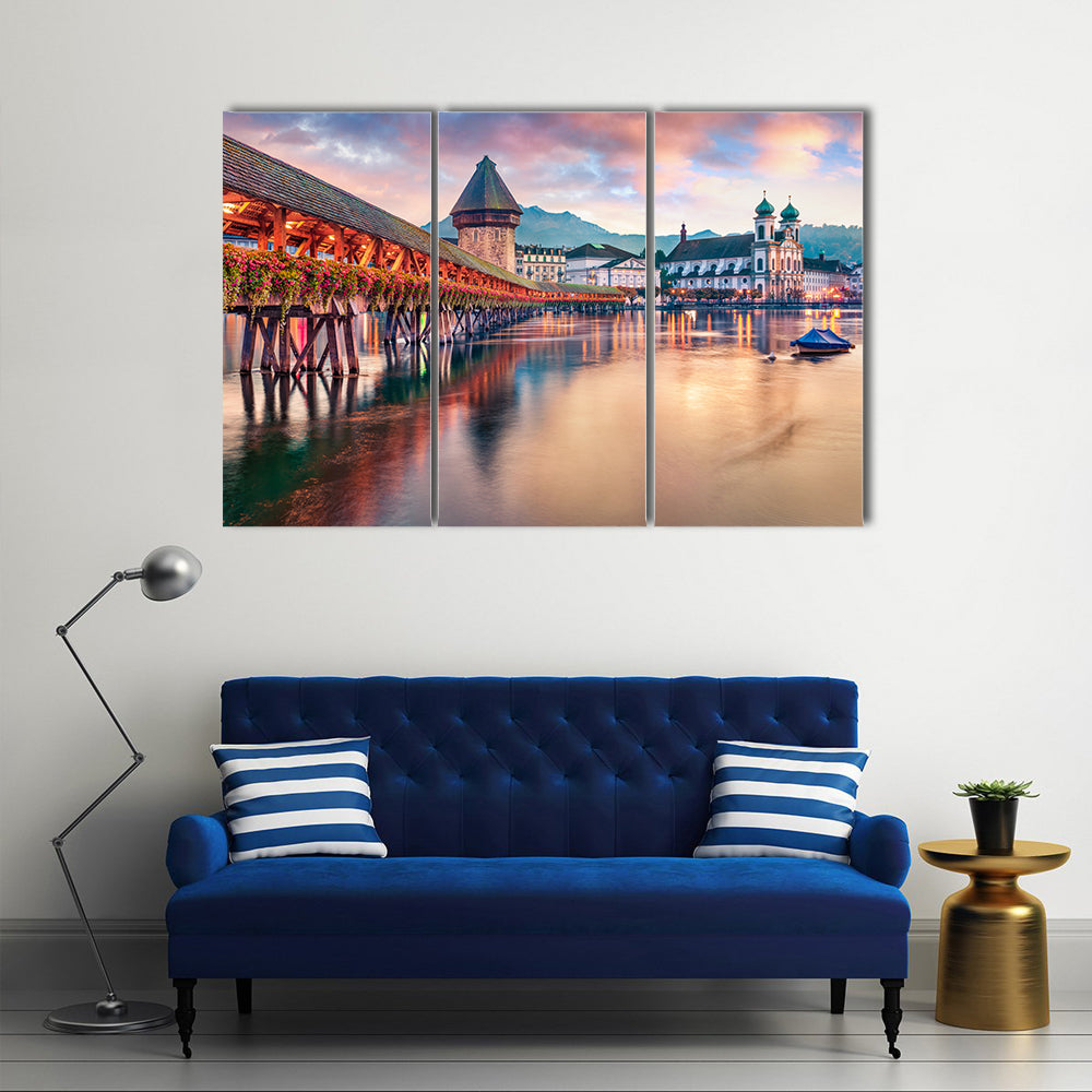 Old Wooden Chapel Bridge Kapellbrucke In Switzerland Canvas Wall Art