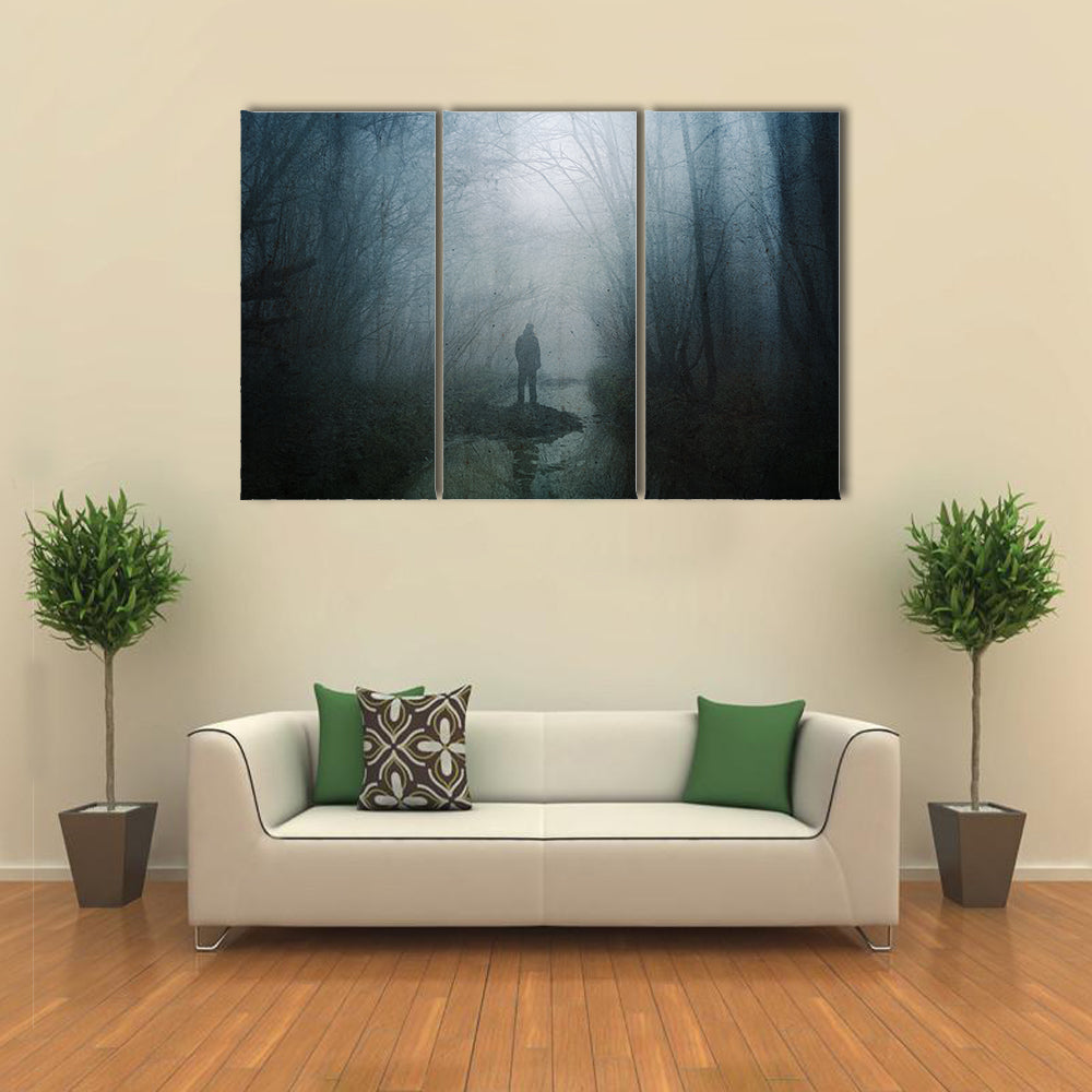 Silhouette at Stream in Misty Forest Canvas Wall Art