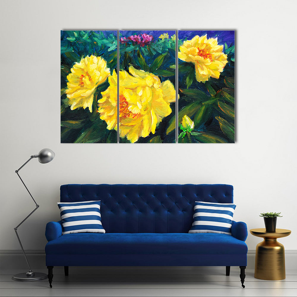 Blooming Yellow Peonies with Textured Blue Background Canvas Wall Art