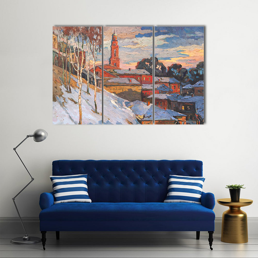 Snowy Hillside Town with Belfry Tower Canvas Wall Art