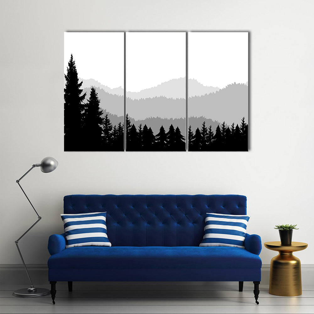 Monochrome Mountain Ranges with Pine Silhouettes Canvas Wall Art