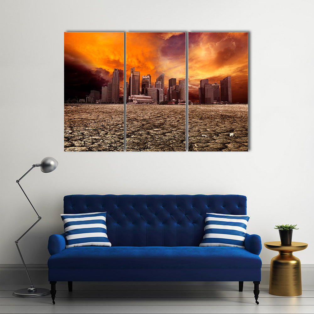 Apocalyptic City Skyline Over Cracked Earth Canvas Wall Art