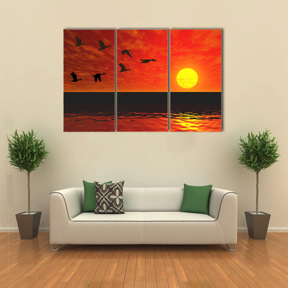 Flying Ducks At Sunset Canvas Wall Art