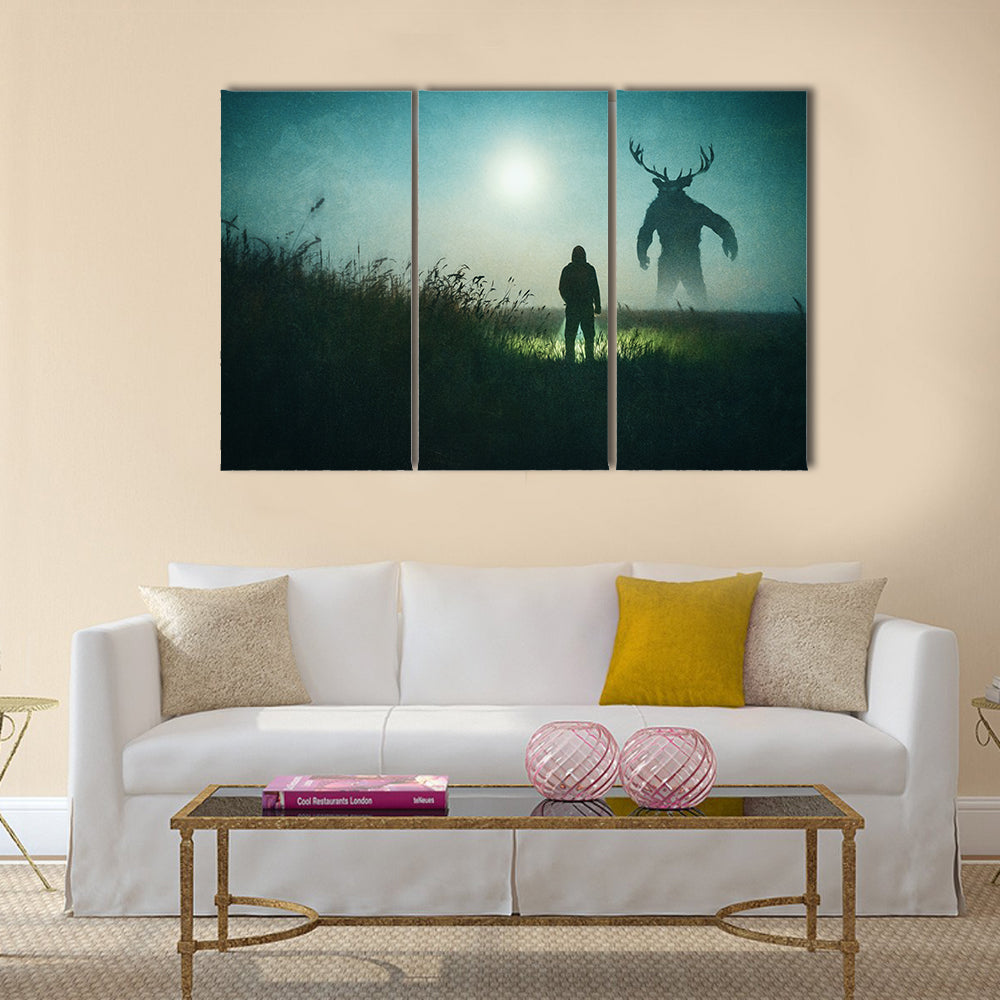 Alone Man Against Mysterious Monster Canvas Wall Art