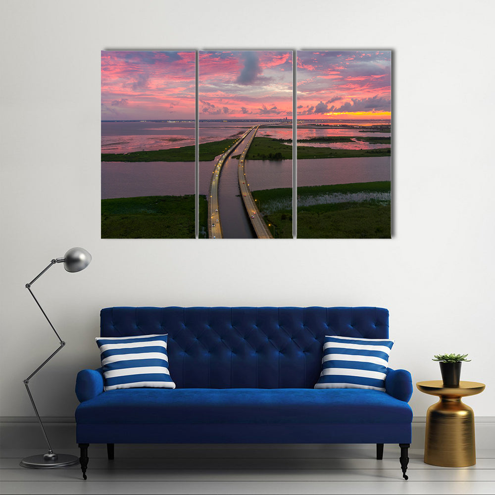 Sunset Over Coastal Bridge Canvas Wall Art