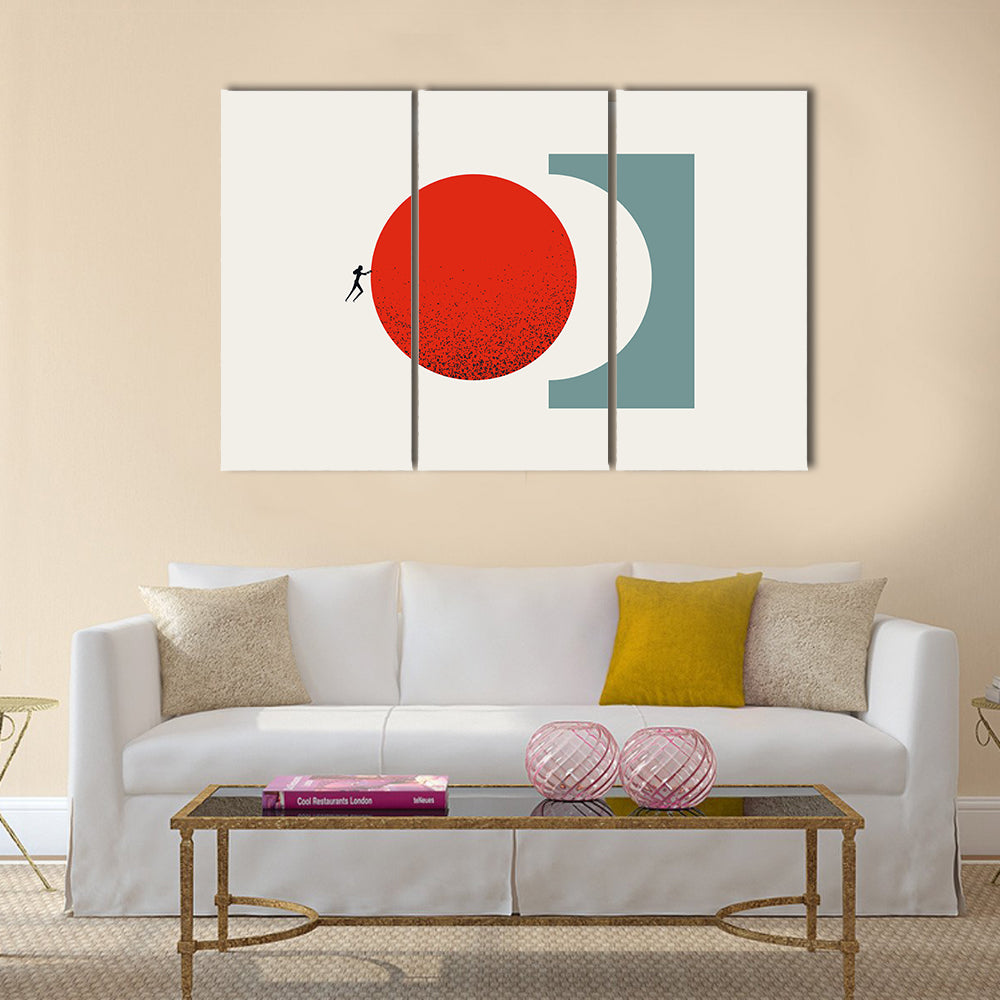 Silhouette Pushing Red Circle Canvas Wall Art