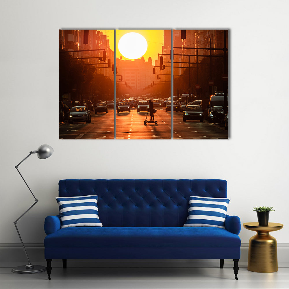 Sunset City Street with Scooter Canvas Wall Art