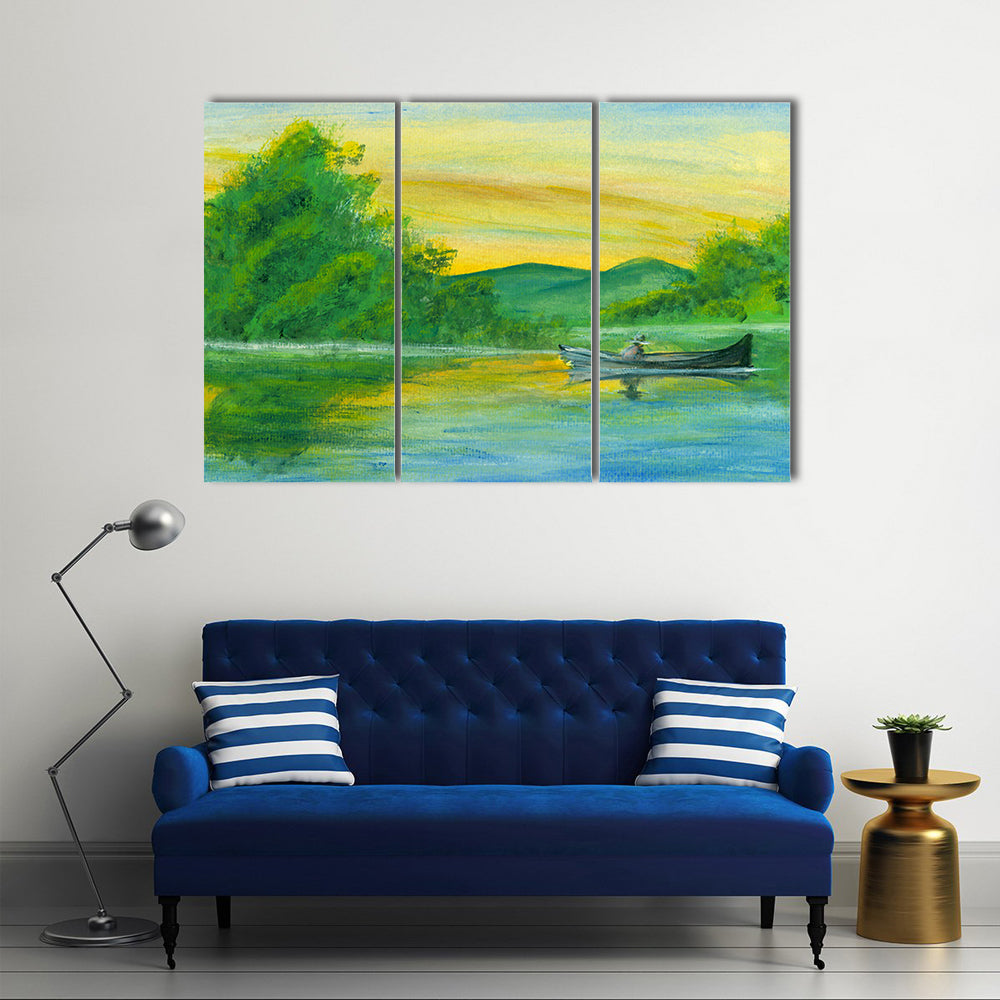 Watercolor Lake with Rowboat at Sunrise Canvas Wall Art