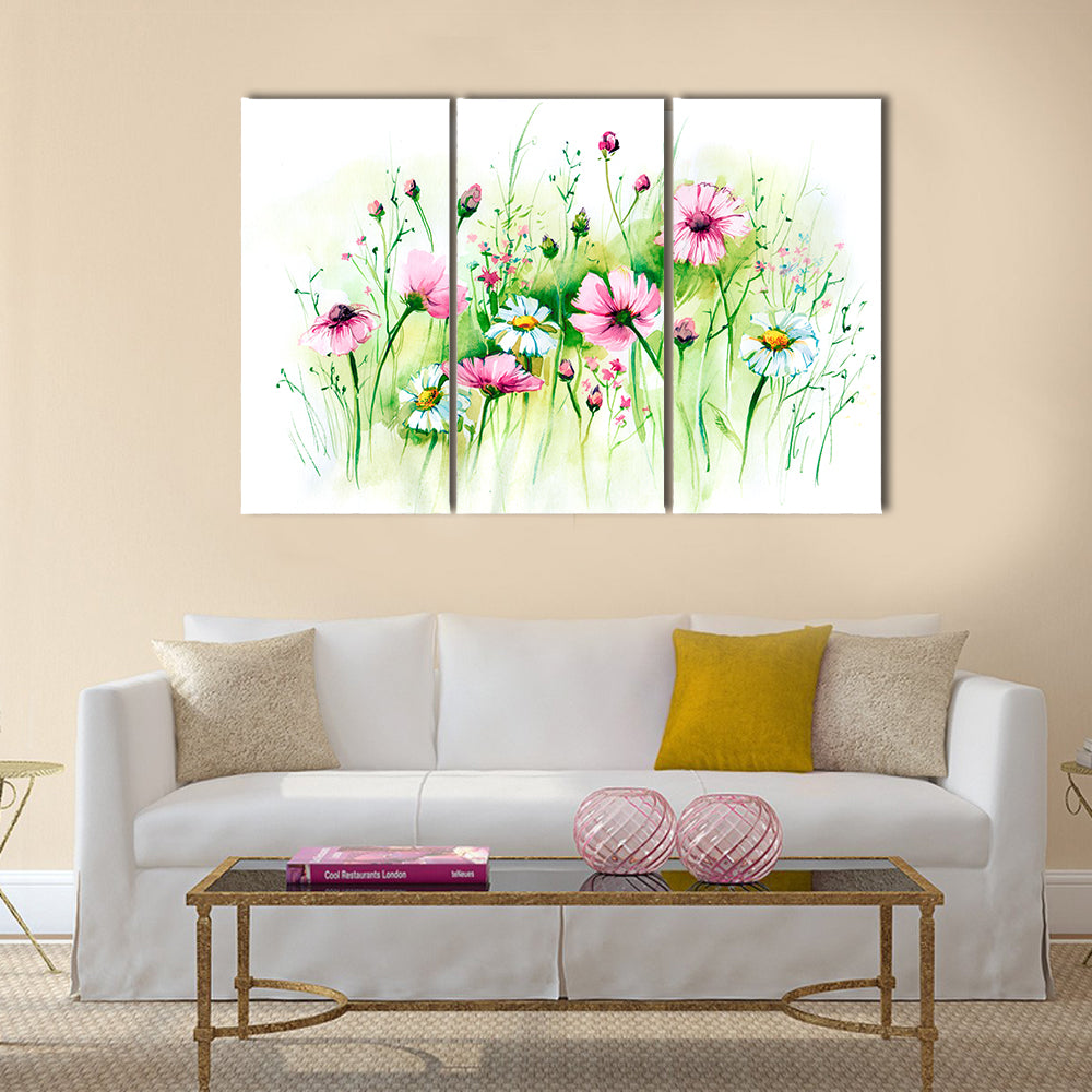 Pink Cosmos and White Daisies Meadow Canvas Wall Art