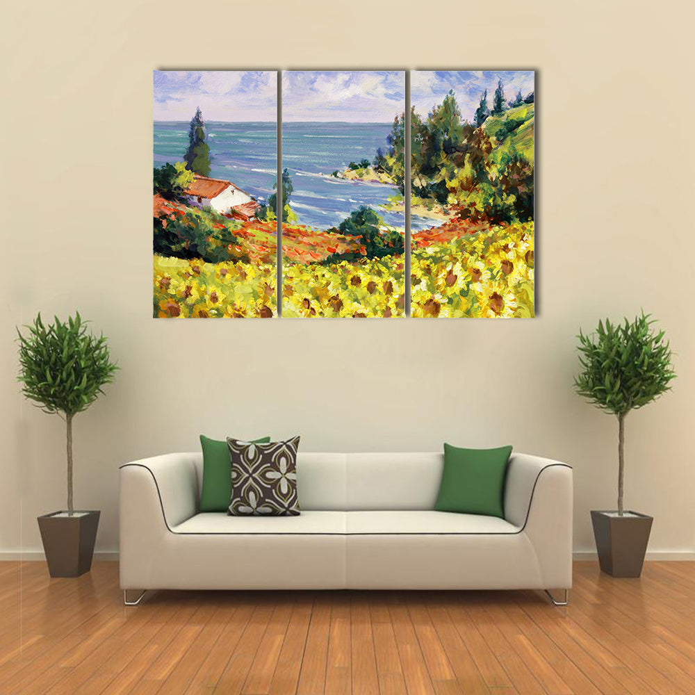 Sunflower Cottage by the Sea Canvas Wall Art