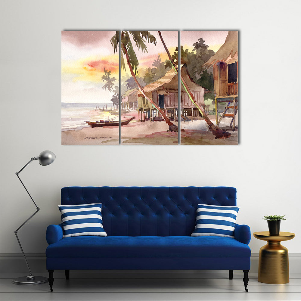 Watercolor Stilt Houses at Sunset Canvas Wall Art
