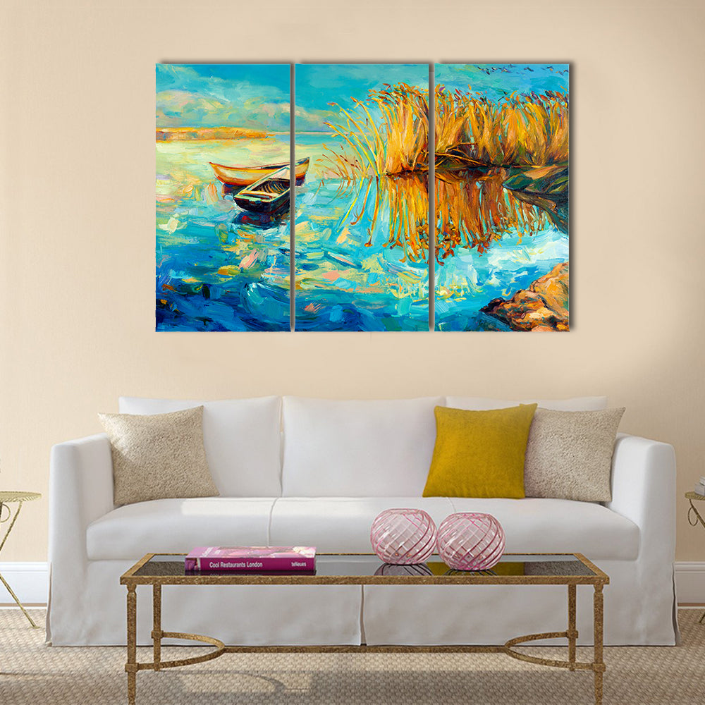 Two Rowboats at Golden Reeds Canvas Wall Art