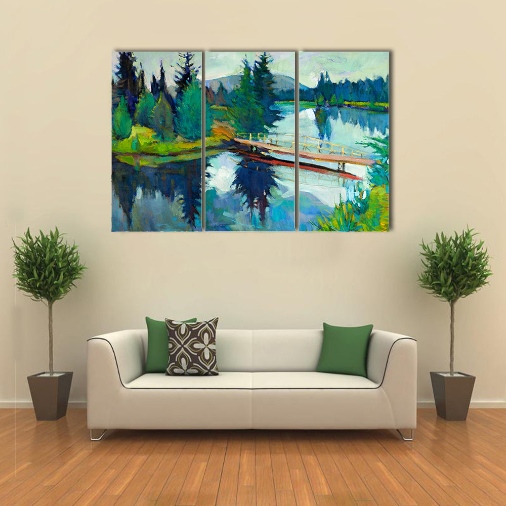 Wooden Bridge Over Reflective River Canvas Wall Art