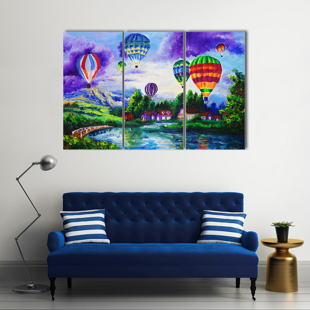 Hot Air Balloons Over River Village Canvas Wall Art