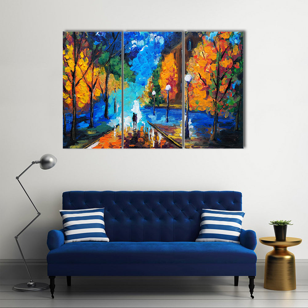Autumn Couple Under Glowing Streetlights Canvas Wall Art