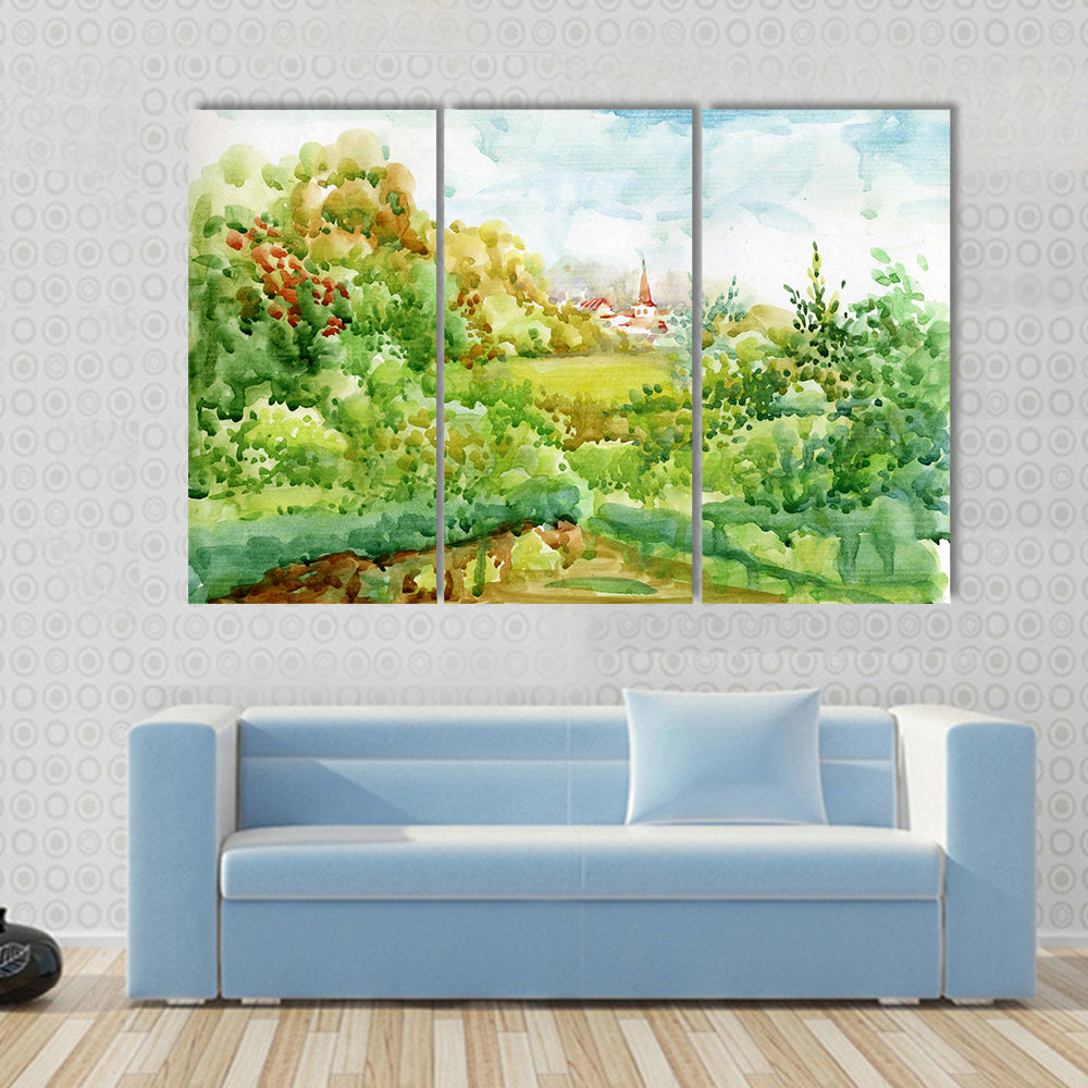 Village Watercolor Landscape with Red-roofed Church Canvas Wall Art